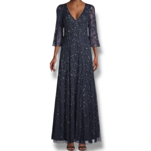 AIDAN MATTOX Floral Beaded V-Neck Gown in Twilight Blue Formal Wedding NWT Sz 8 AIDAN MATTOX Floral Beaded V-Neck Gown in Twilight Blue Formal Wedding NWT Sz 8